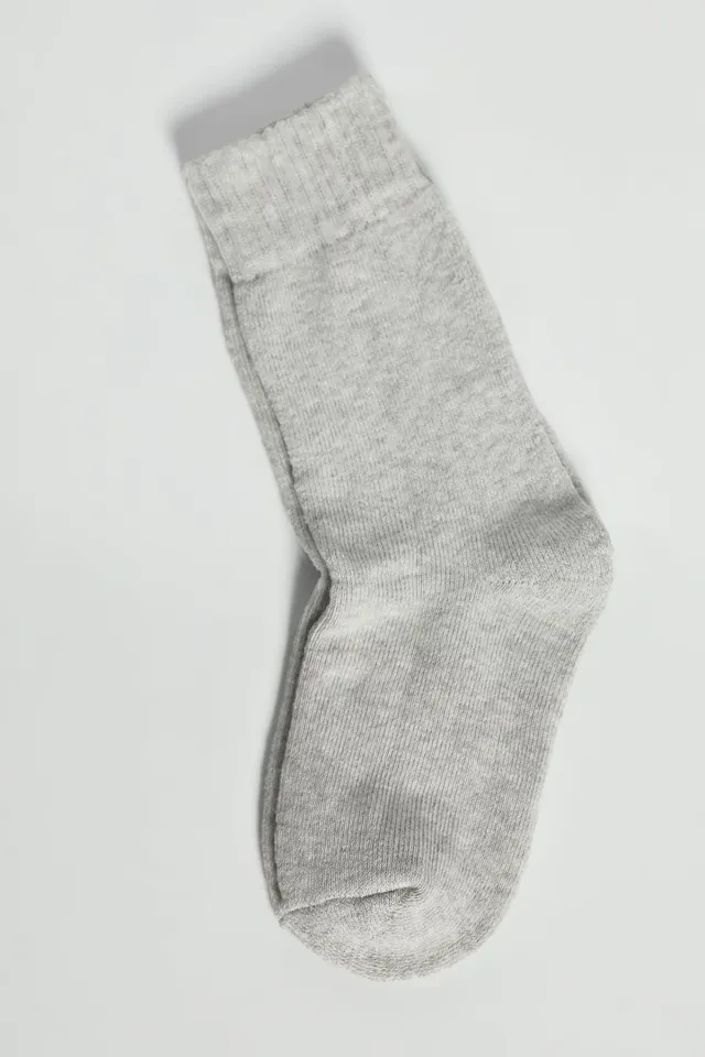 Düz Renkli Kadın Termal Kışlık Havlu Çorap Gri