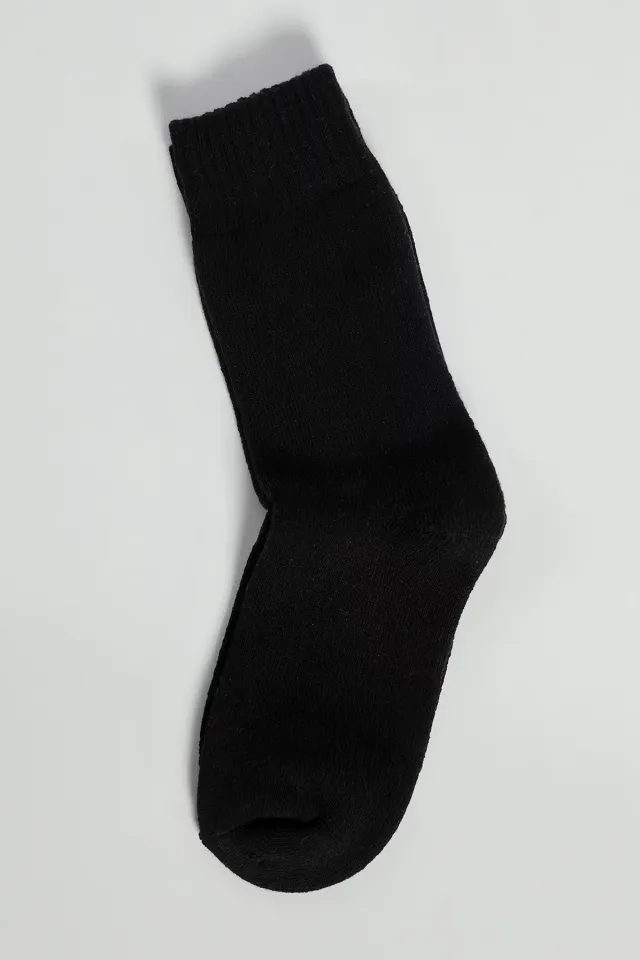 Düz Renkli Kadın Termal Kışlık Havlu Çorap Siyah