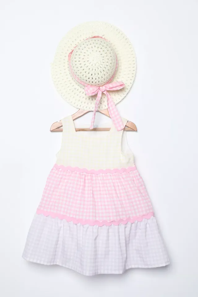 Ekose Desenli Hasır Şapkalı Kız Çocuk Elbise Sarı