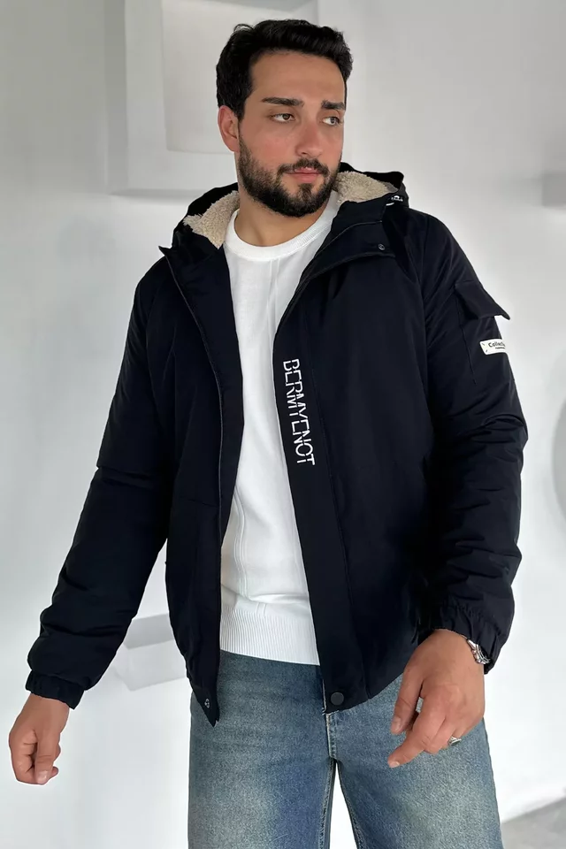 Erkek İçi Pelüş Kapüşonlu Fermuarlı Mont - 1
