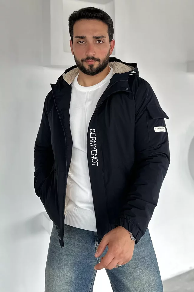 Erkek İçi Pelüş Kapüşonlu Fermuarlı Mont - 2