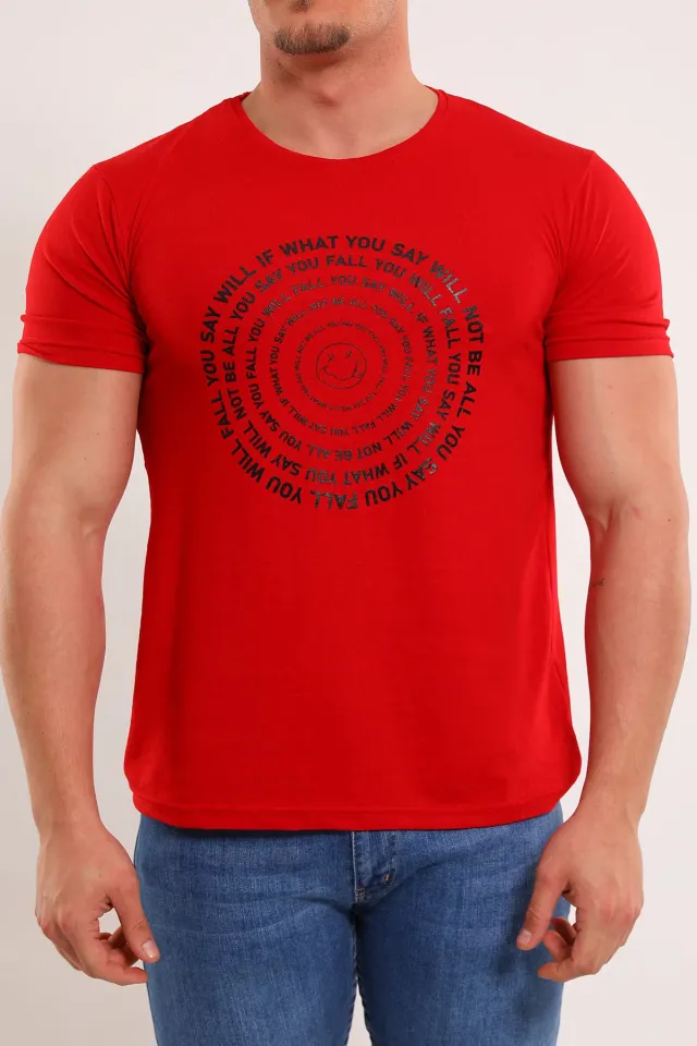 Erkek Bisiklet Yaka Baskılı T-shirt Kırmızı