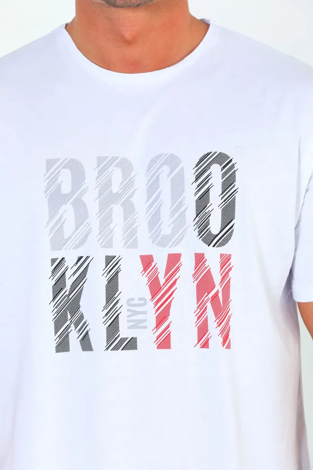 Erkek Bisiklet Yaka Brooklyn Baskılı T-shirt Beyaz
