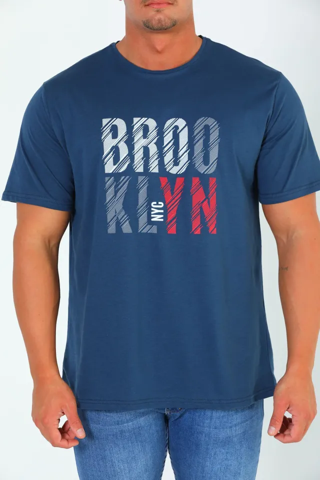 Erkek Bisiklet Yaka Brooklyn Baskılı T-shirt Lacivert