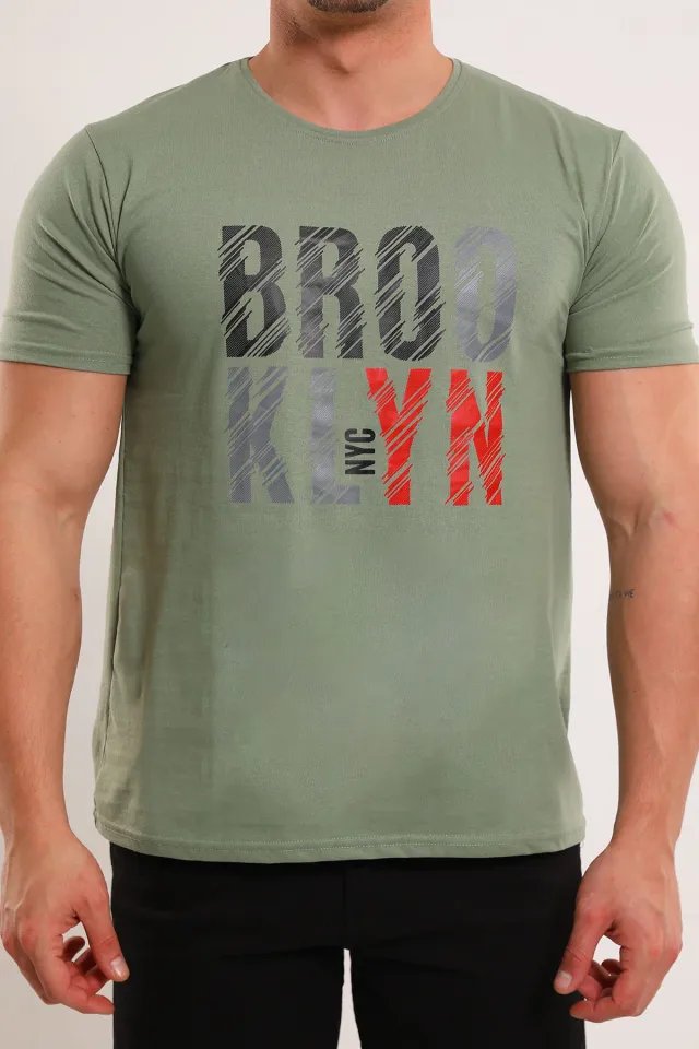 Erkek Bisiklet Yaka Brooklyn Baskılı T-shirt Haki