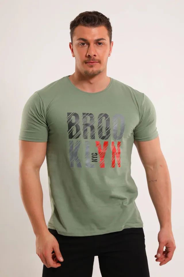Erkek Bisiklet Yaka Brooklyn Baskılı T-shirt Haki