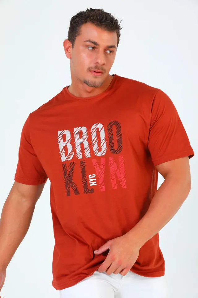 Erkek Bisiklet Yaka Brooklyn Baskılı T-shirt Kiremit