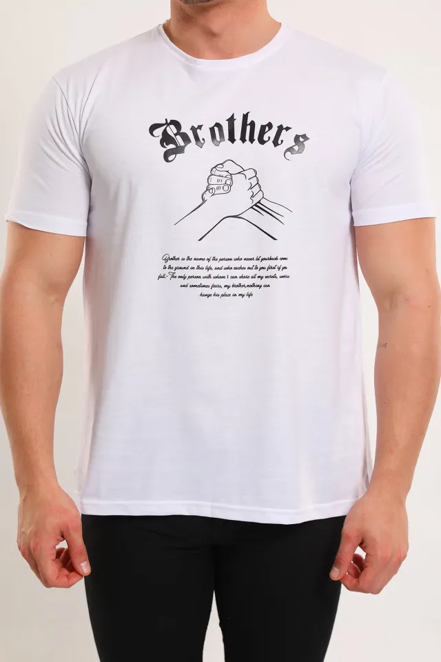 Erkek Bisiklet Yaka Brothers Baskılı T-shirt Beyaz