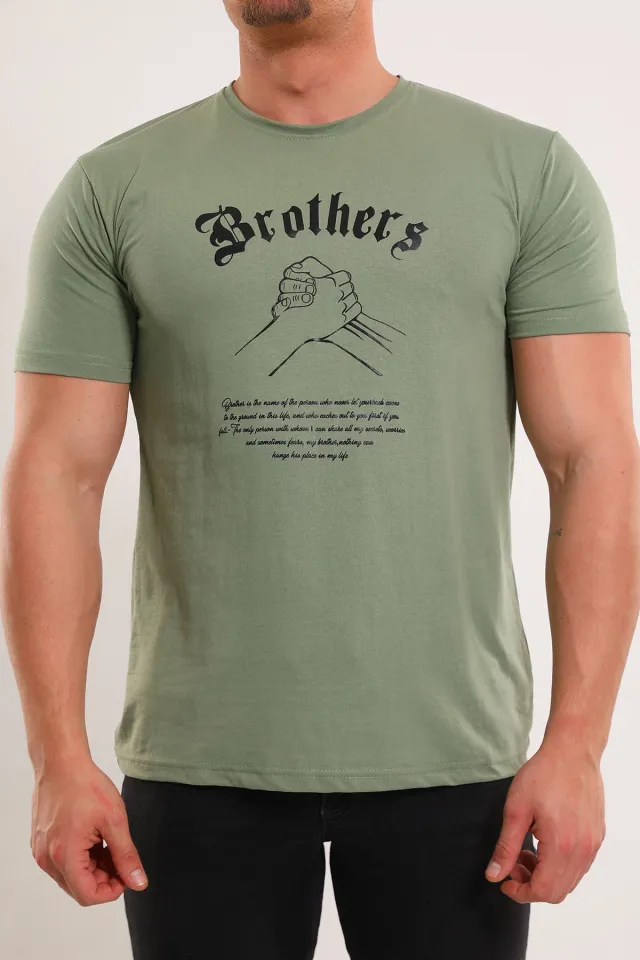 Erkek Bisiklet Yaka Brothers Baskılı T-shirt Haki