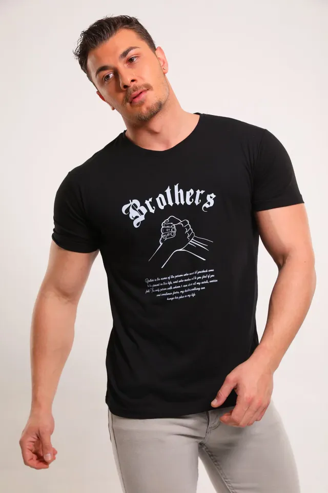 Erkek Bisiklet Yaka Brothers Baskılı T-shirt Siyah