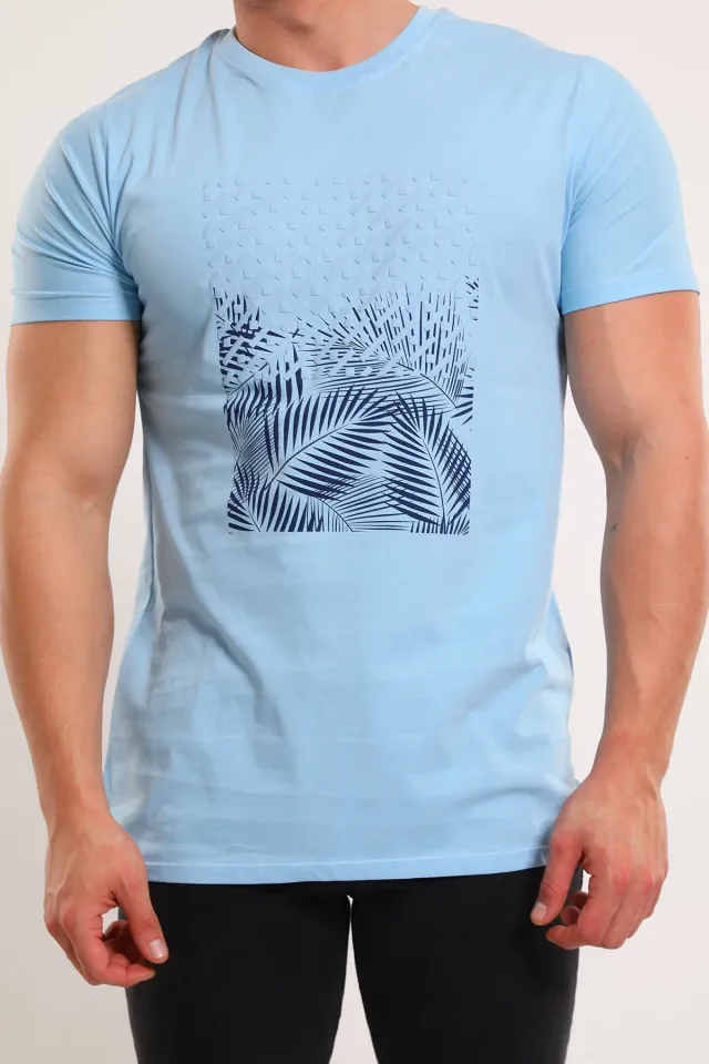 Erkek Bisiklet Yaka Ön Baskılı Likralı Salaş T-shirt Mavi