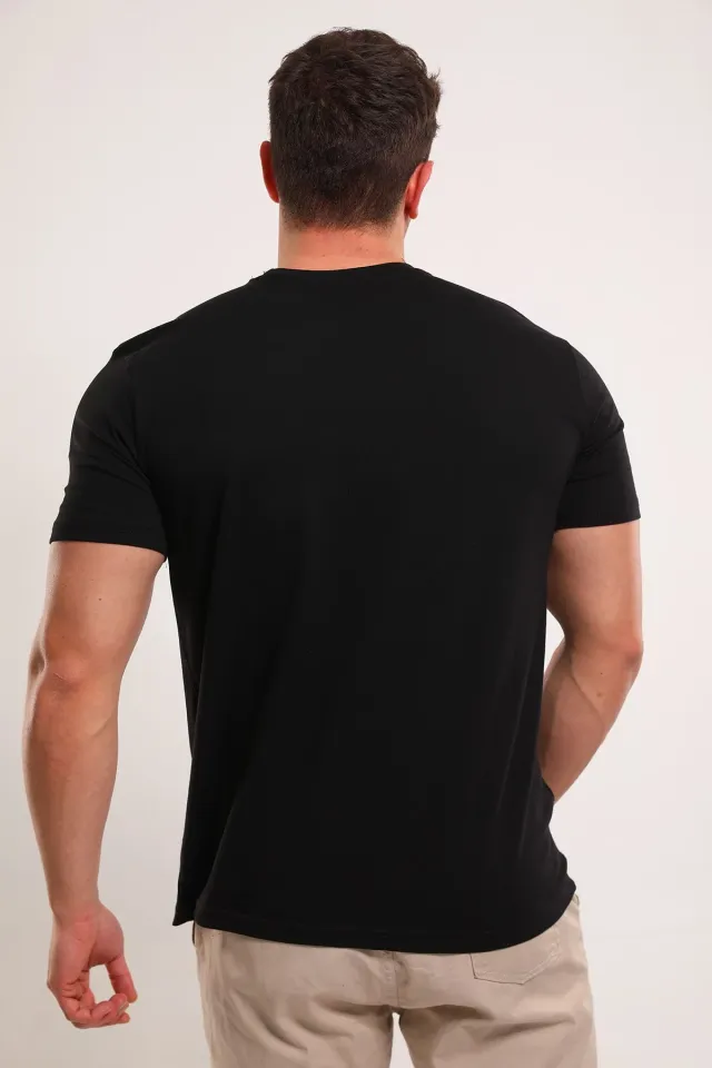 Erkek Bisiklet Yaka Ön Cep Detaylı Likralı T-shirt Siyah