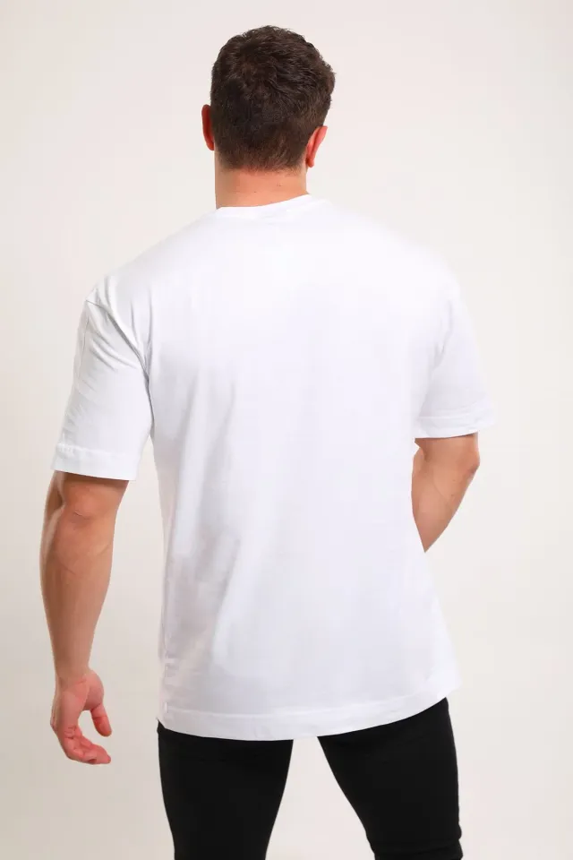 Erkek Bisiklet Yaka Ön Cep Detaylı Oversize T-shirt Beyaz