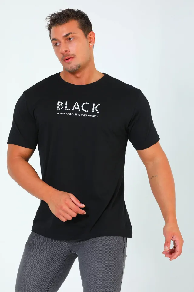 Erkek Bisiklet Yaka Ön Yazı Baskılı Likralı T-shirt Siyah
