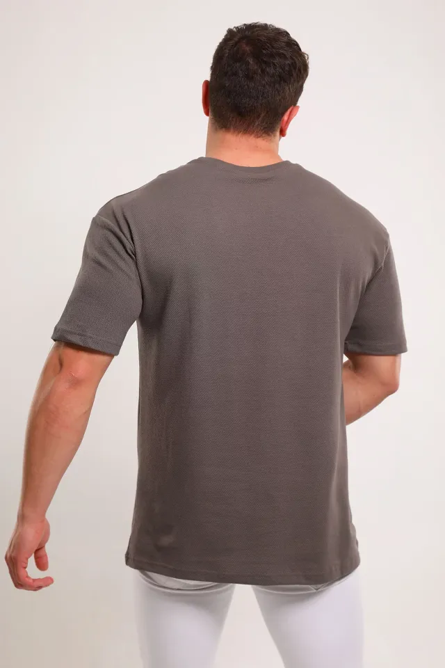 Erkek Bisiklet Yaka Oversize Likralı T-shirt Vizon
