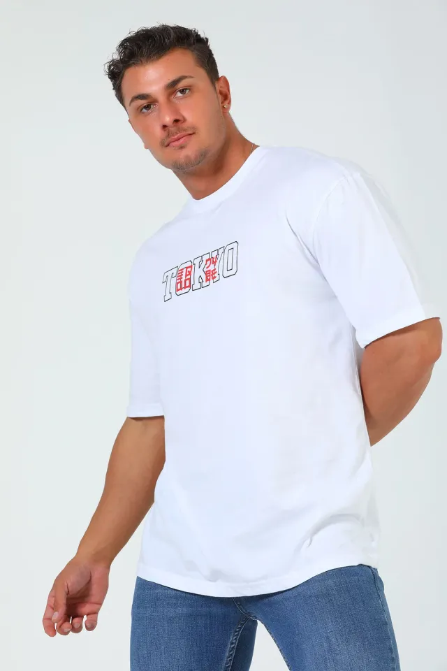 Erkek Bisiklet Yaka Tokyo Baskılı Salaş T-shirt Beyaz
