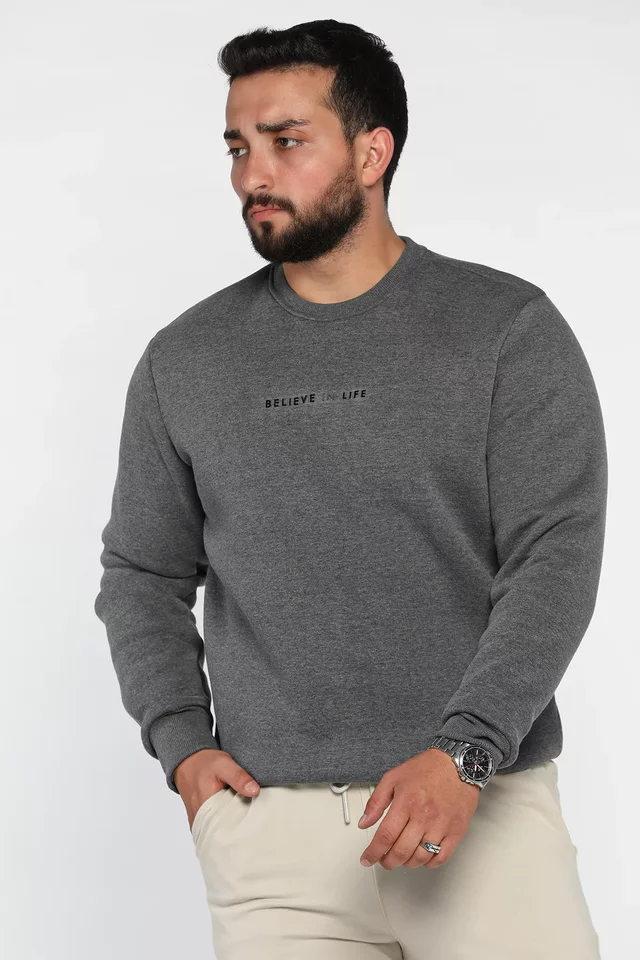 Erkek Bisiklet Yaka Üç İplik Şardonlu Sweatshirt - 2
