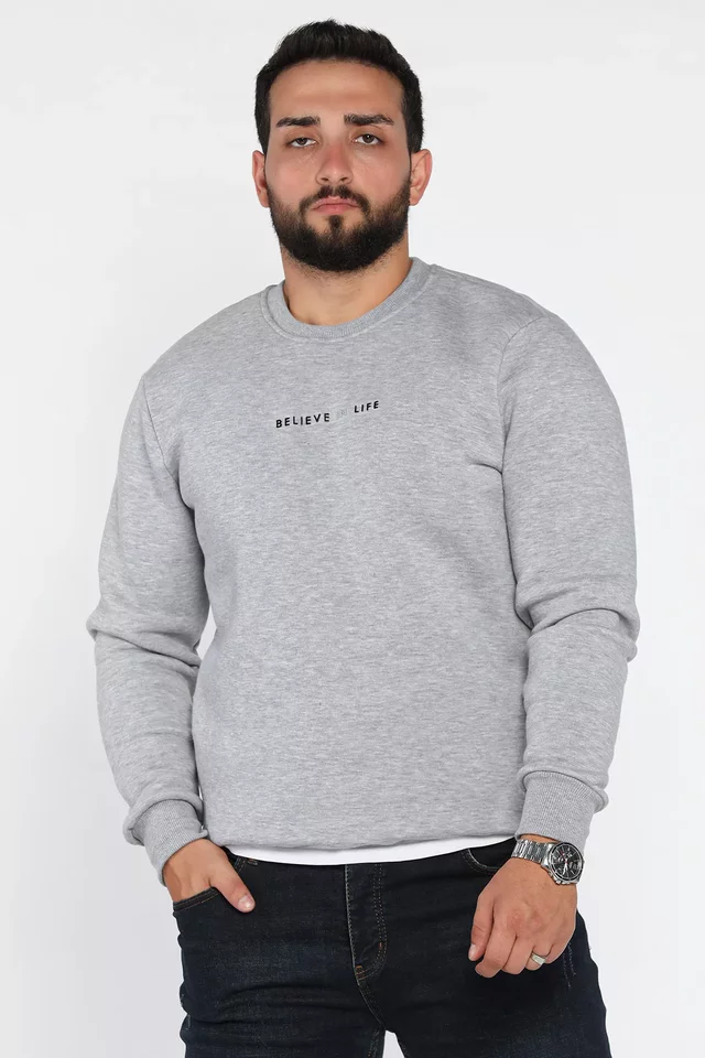Erkek Bisiklet Yaka Üç İplik Şardonlu Sweatshirt - 1