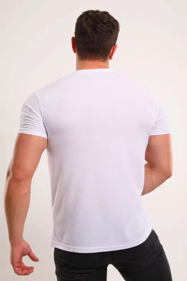 Erkek Bisiklet Yaka Yazı Baskılı Kendinden Desenli Salaş T-shirt Beyaz