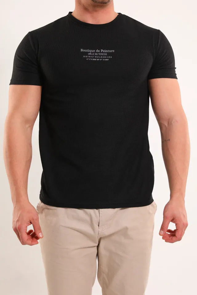 Erkek Bisiklet Yaka Yazı Baskılı Kendinden Desenli Salaş T-shirt Siyah