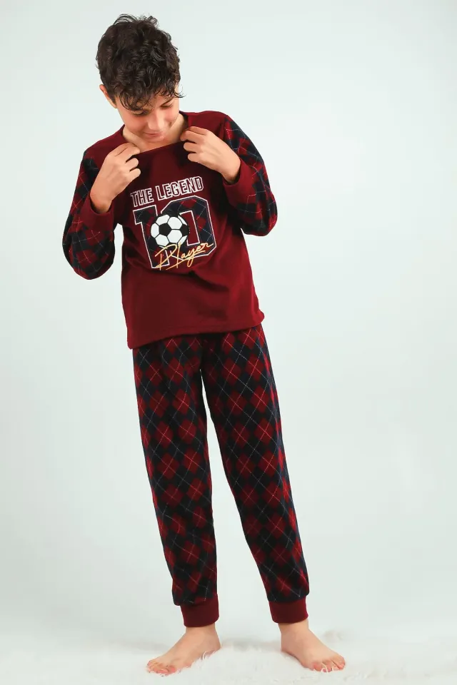 Erkek Çocuk Baskılı Polar Pijama Takımı Bordo