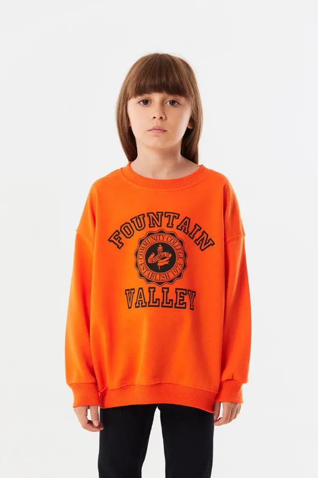 Kız Çocuk Baskılı Salaş Sweatshirt Orange