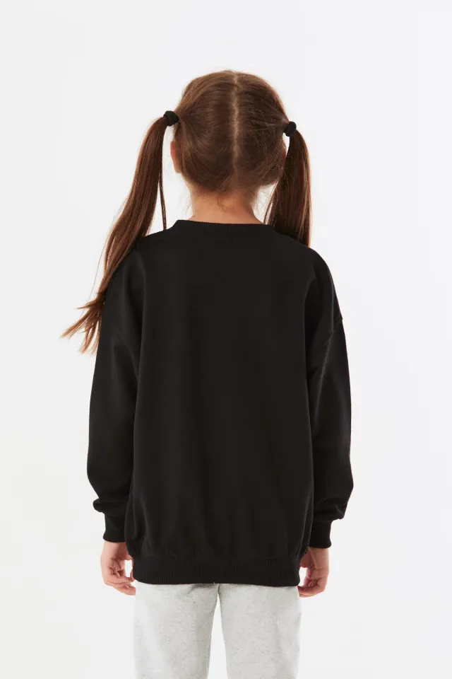Kız Çocuk Baskılı Salaş Sweatshirt Siyah
