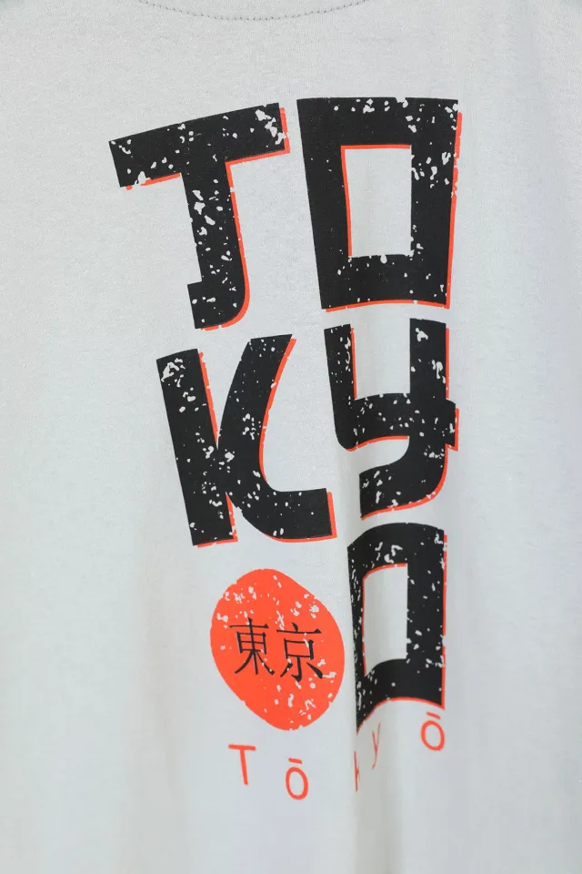 Erkek Çocuk Bisiklet Yaka Tokyo Baskılı T-shirt Gri