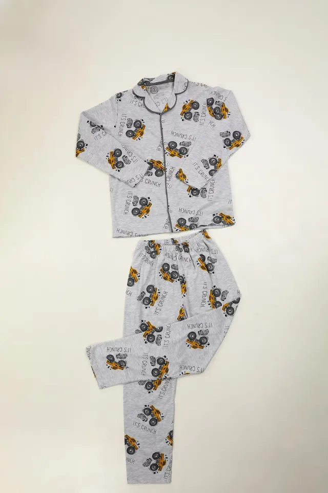 Erkek Çocuk Düğmeli Baskılı Pijama Takımı Gri