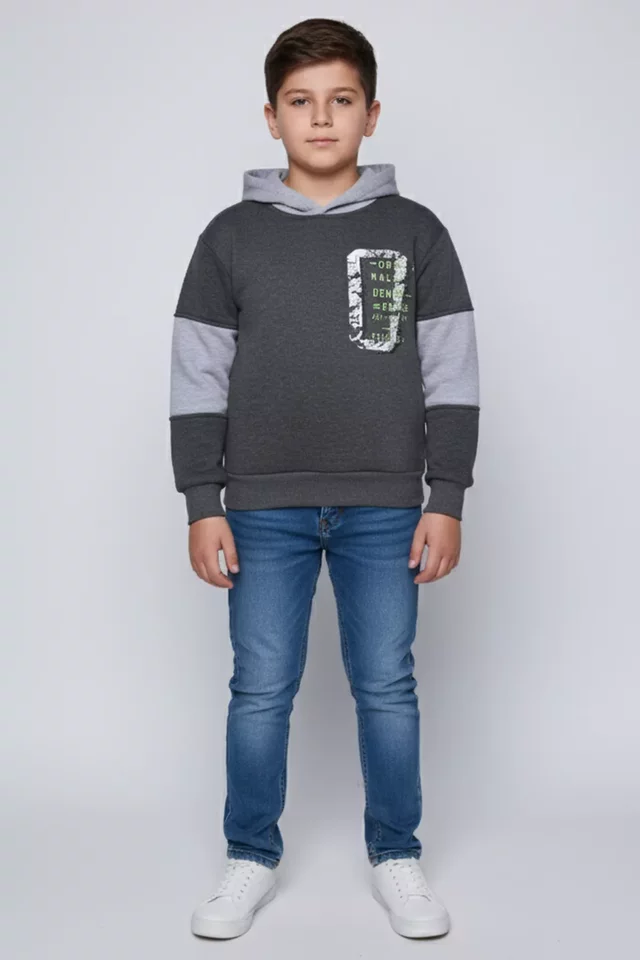 Erkek Çocuk Kapüşonlu Üç İplik Şardonlu Sweatshirt - 1
