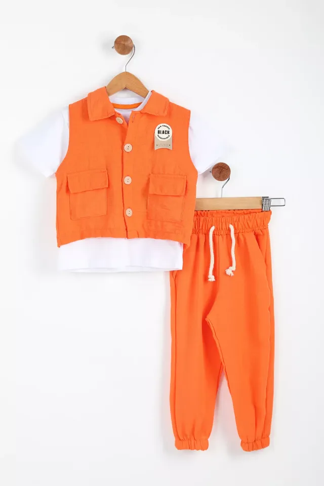 Erkek Çocuk Pantolon Tişört Yelek Üçlü Takım Orange