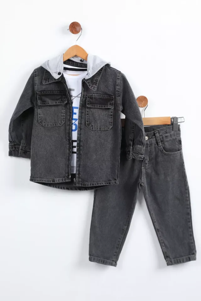 Erkek Çocuk Tişört Jean Kot Ceket Ve Pantolon Üçlü Takım Antrasit
