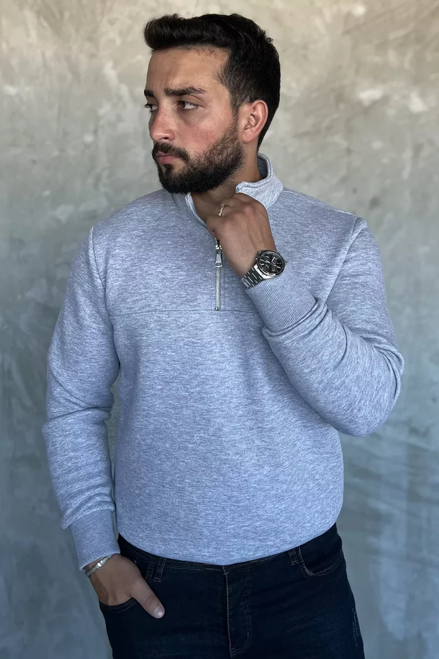 Erkek Dik Yaka Yarım Fermuarlı Üç İplik Şardonlu Sweatshirt - 1