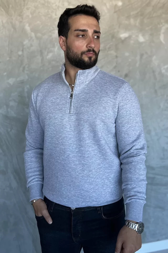 Erkek Dik Yaka Yarım Fermuarlı Üç İplik Şardonlu Sweatshirt - 2