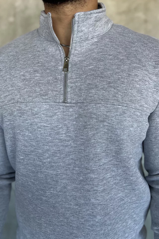 Erkek Dik Yaka Yarım Fermuarlı Üç İplik Şardonlu Sweatshirt