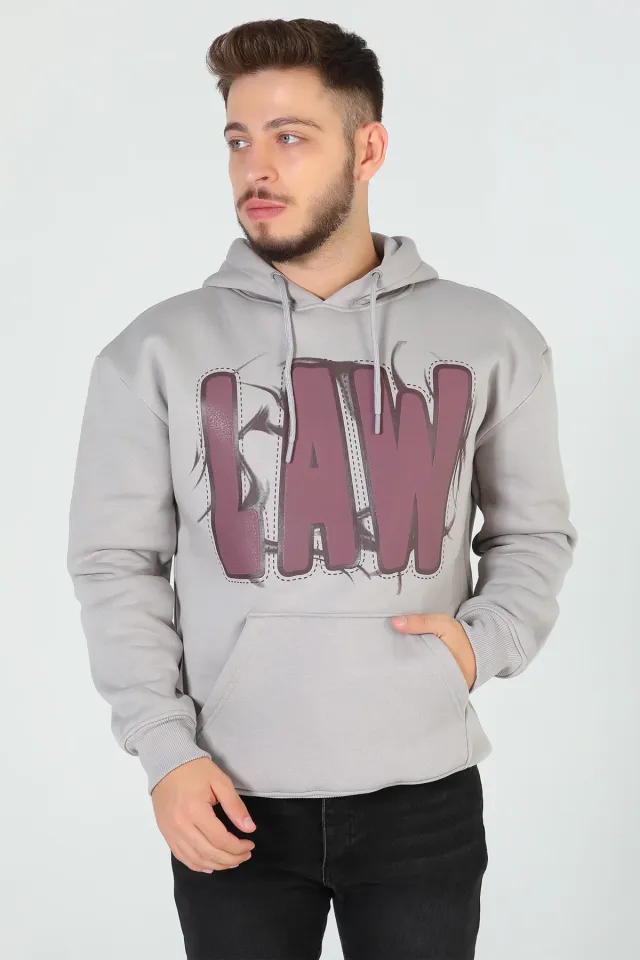 Erkek Kapüşonlu Baskılı Üç İplik Şardonlu Oversize Sweatshirt Gri