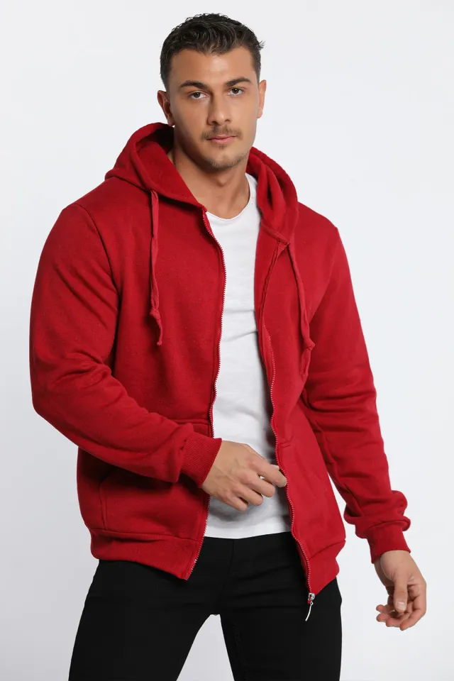 Erkek Kapüşonlu Kemik Fermuarlı Sweatshirt Kırmızı
