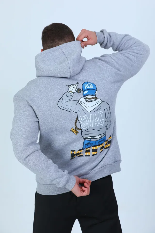 Erkek Kapüşonlu Şardonlu Arkası Baskılı Sweatshirt Gri