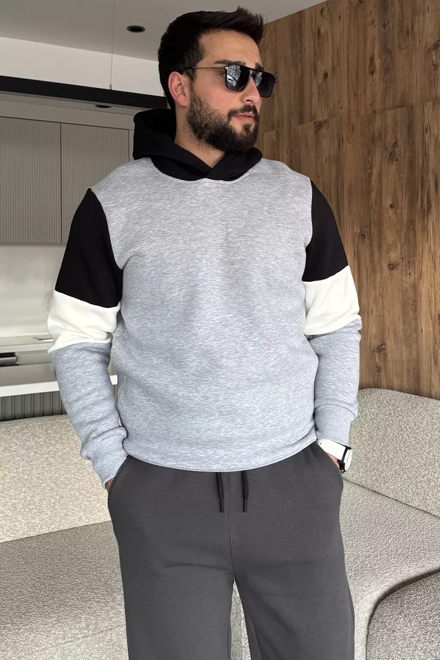 Erkek Kapüşonlu Üç İplik Şardonlu Sweatshirt - 1
