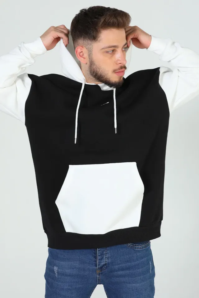Erkek Kapüşonlu Renk Garnili Üç İplik Şardonlu Sweatshirt Siyah
