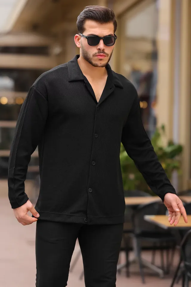 Erkek Kendinden Desenli Likralı Gömlek Siyah