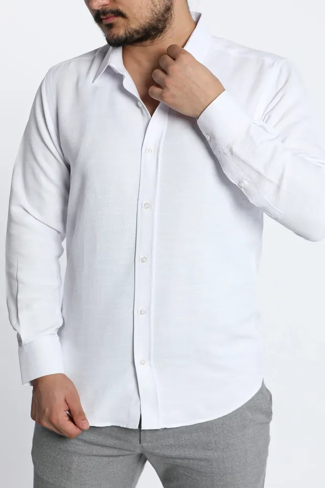 Erkek Kendinden Desenli Slimfit Gömlek Beyaz