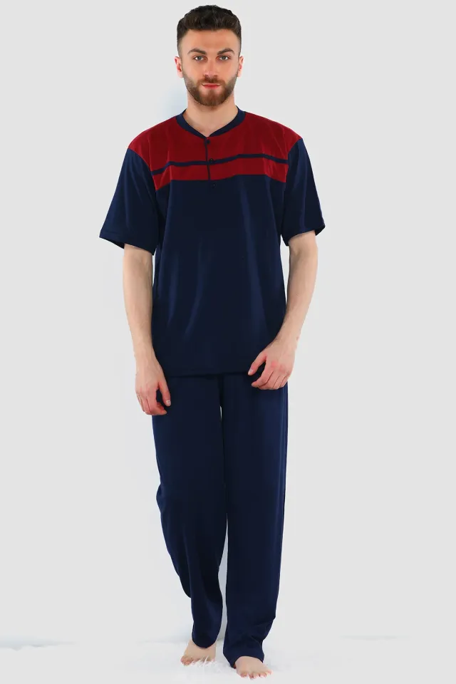 Erkek Ön Düğme Detaylı Pijama Takımı Bordolacivert