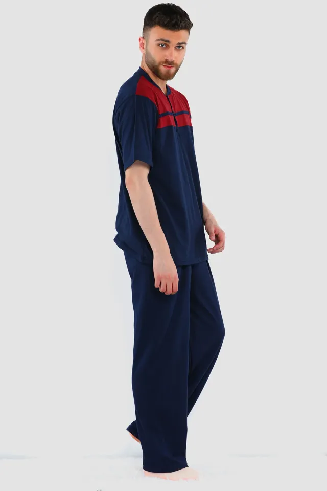 Erkek Ön Düğme Detaylı Pijama Takımı Bordolacivert