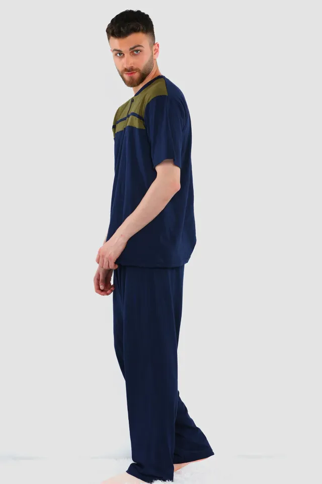 Erkek Ön Düğme Detaylı Pijama Takımı Hakilacivert