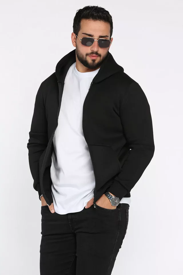 Erkek Ön Fermuarlı Üç İplik Şardonlu Kapüşonlu Sweatshirt - 1