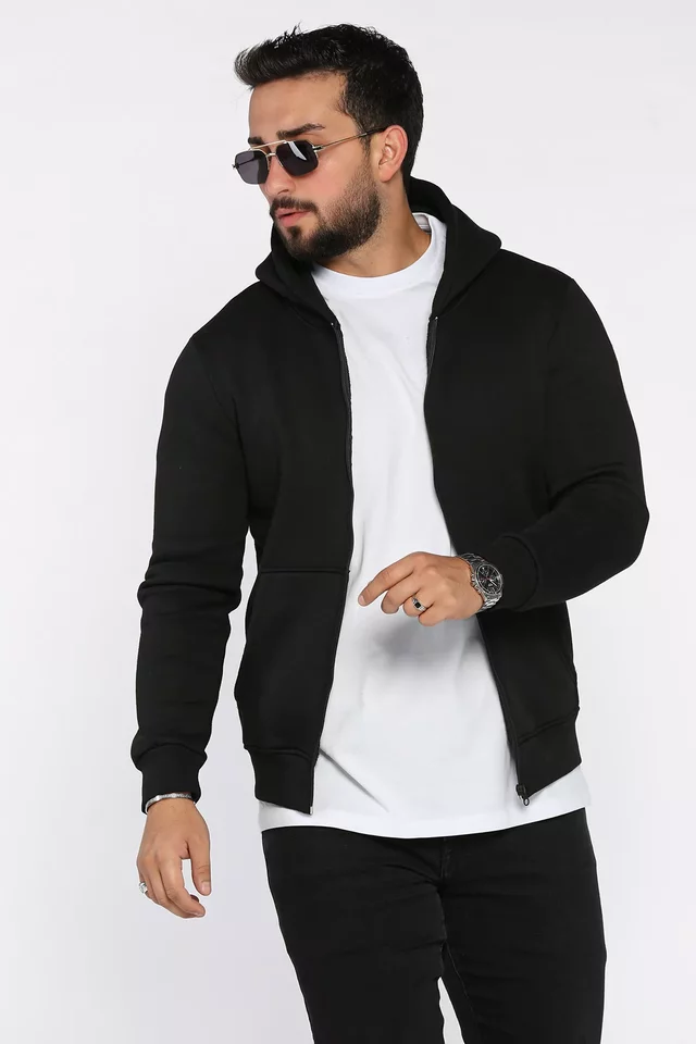 Erkek Ön Fermuarlı Üç İplik Şardonlu Kapüşonlu Sweatshirt - 2