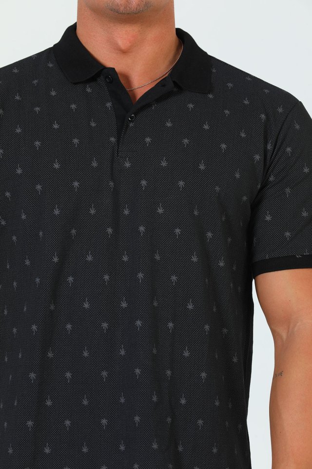 Erkek Polo Yaka Baskılı T-shirt Siyah