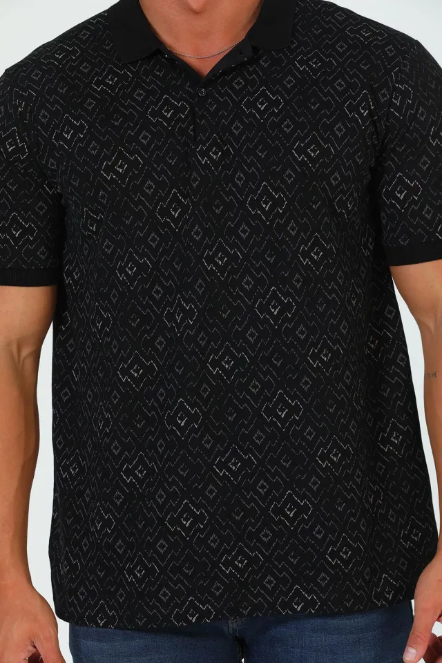 Erkek Polo Yaka Desenli Likralı T-shirt Siyah