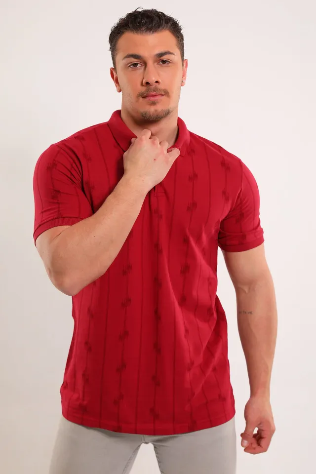 Erkek Polo Yaka Desenli Likralı T-shirt Bordo